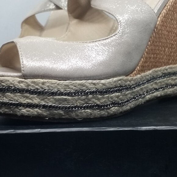 Brian Atwood size 8 Metallic Leather Platform Wedge Sandals with Rattan and Jute - Picture 6 of 9